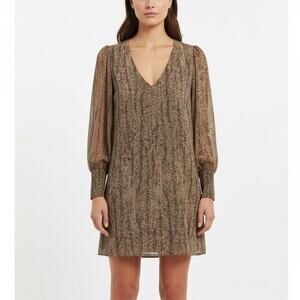 Rory Beca Silk Snakeskin Print Mini Shift Dress Small Cuff Blouson Sleeves Brown